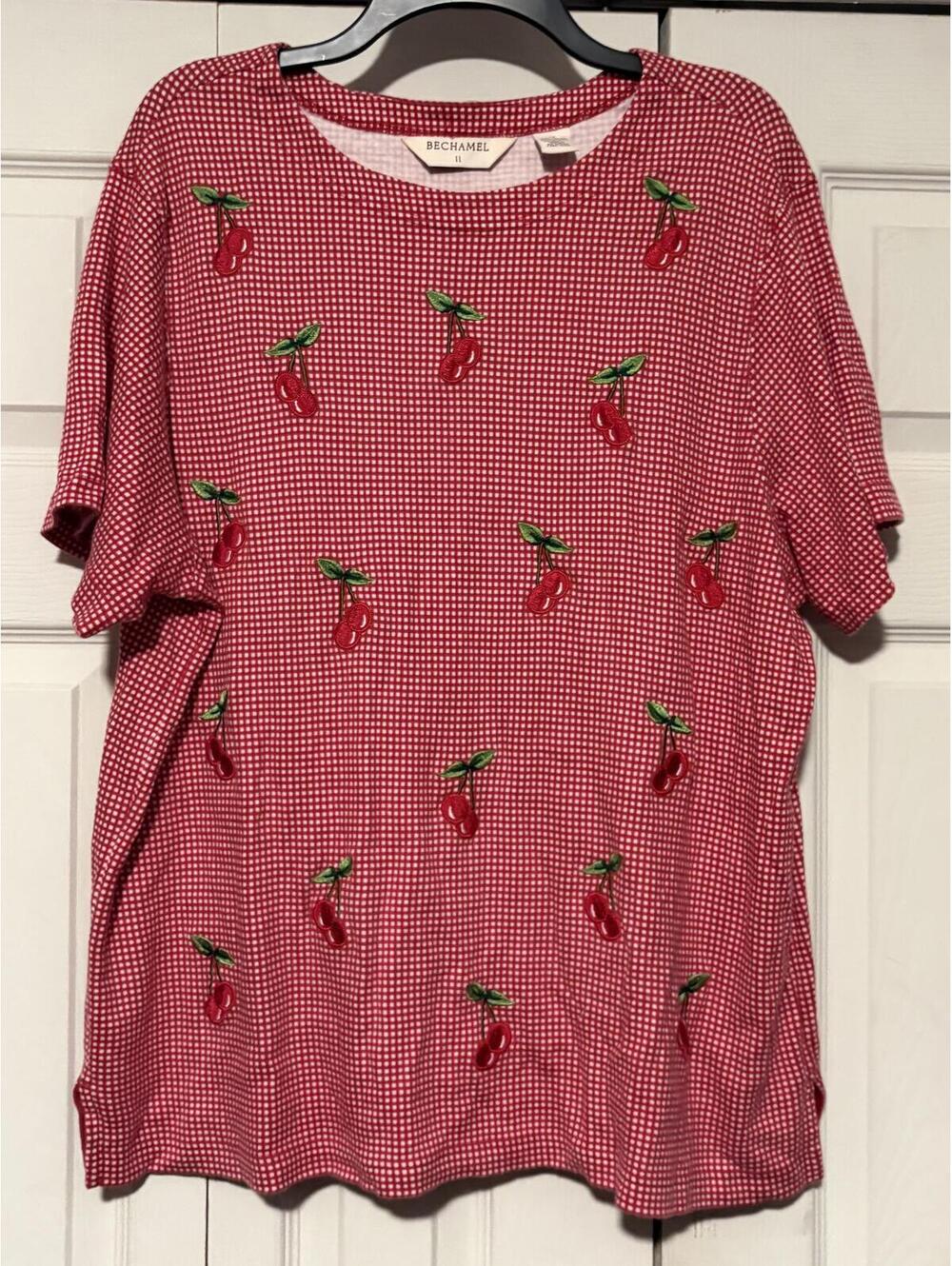 Bechamel Cherry Embroidered red Gingham Top Red White Americana  Cotton